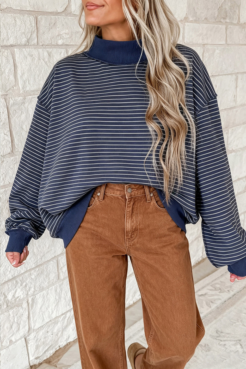 Cozy Lines Blue Stripe Mock-Neck Sweatshirt