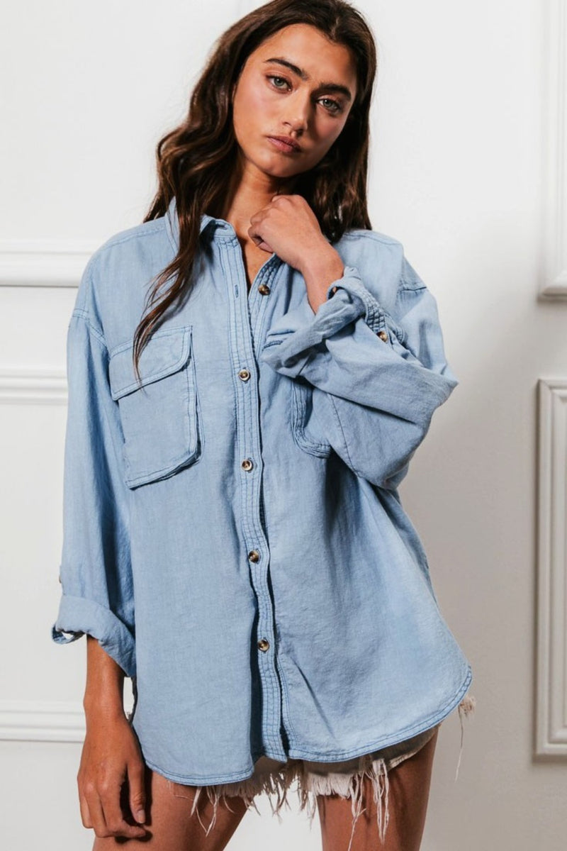 Hazel Blues® |  BiBi Button Down Stitch Detail Shirt with Chest Pockets