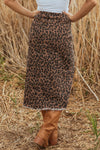 Hazel Blues® |  Brown Leopard Denim Frayed Split Denim Midi Skirt