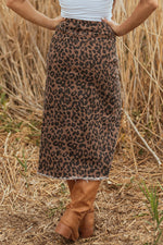 Hazel Blues® |  Brown Leopard Denim Frayed Split Denim Midi Skirt