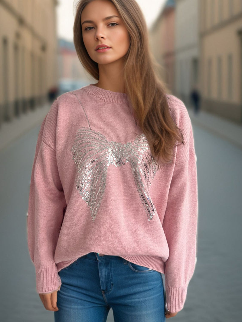 Hazel Blues® |  Sequin Bow Round Neck Long Sleeve Sweater