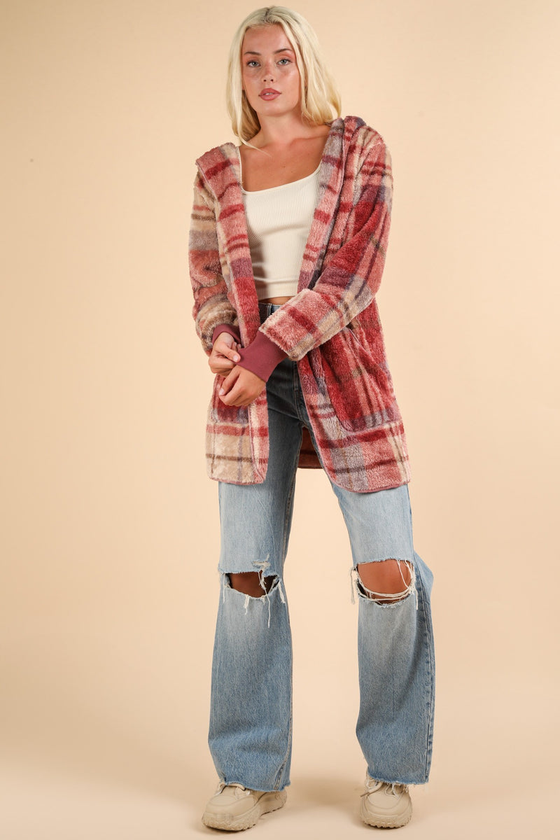 Hazel Blues® |  VERY J Fuzzy Plaid Long Sleeve Hooded Jacket