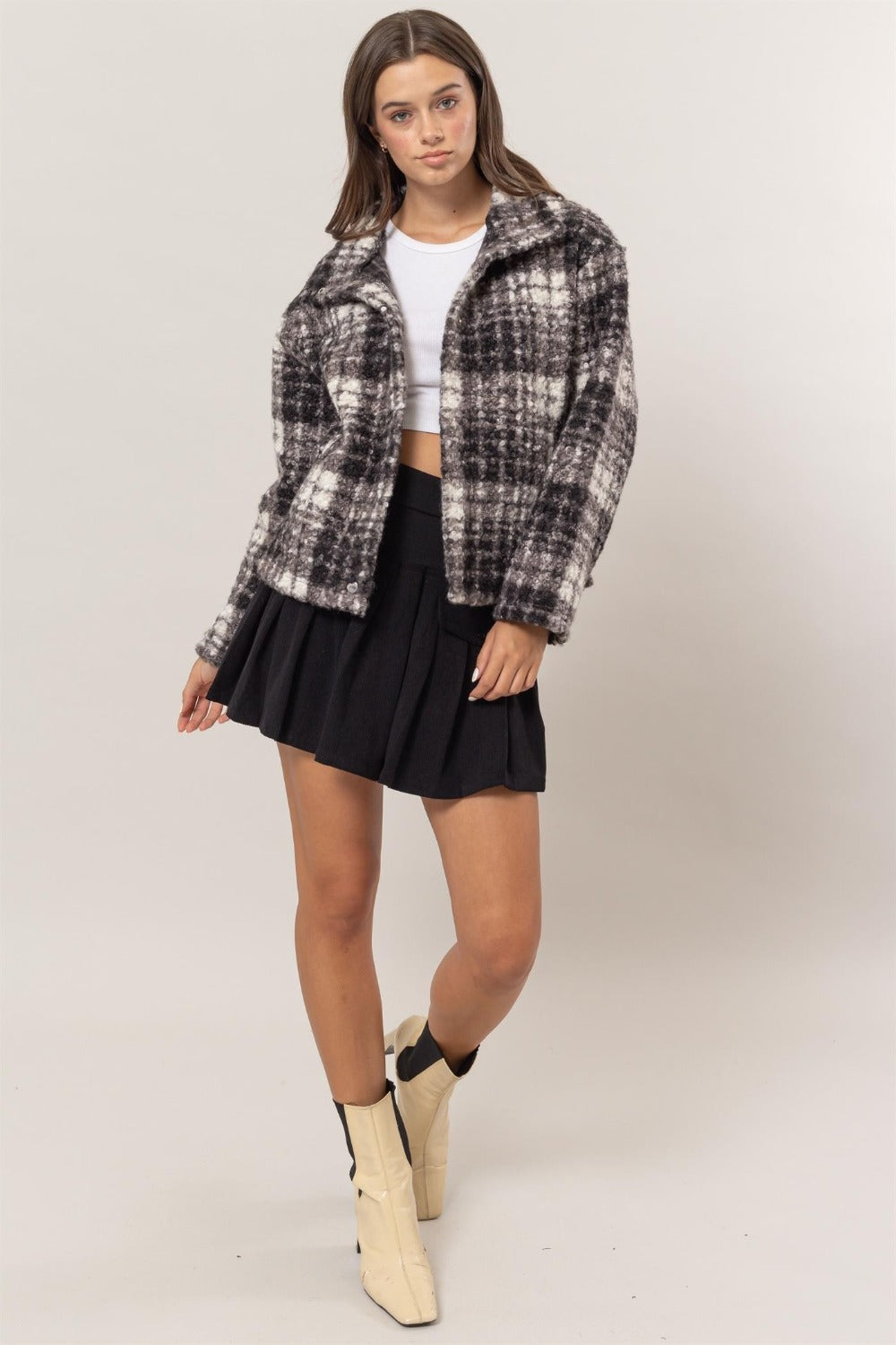 Hazel Blues® |  HYFVE Plaid Collared Neck Boucle Jacket with Pockets