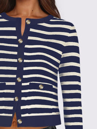 Hazel Blues® |  Striped Round Neck Button Up Long Sleeve Cardigan