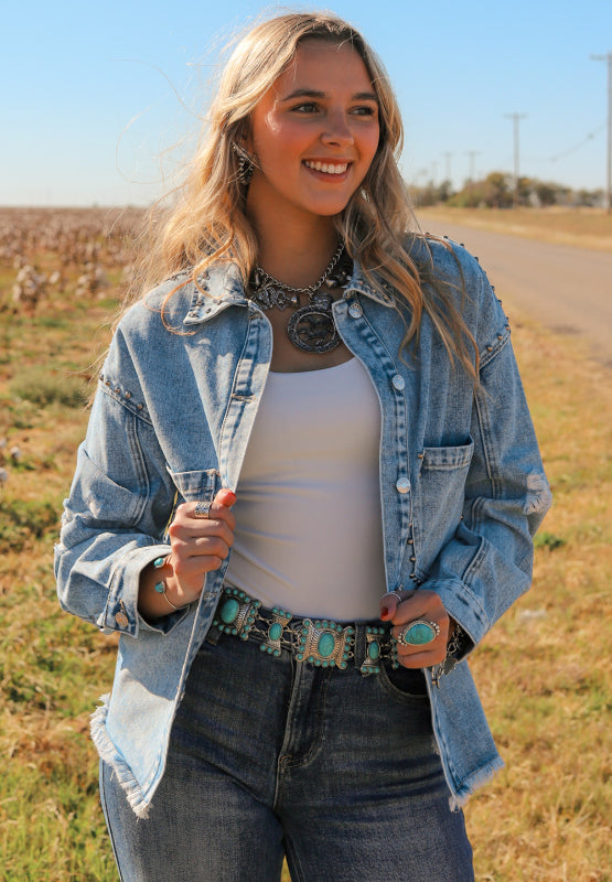 Hazel Blues® |  Studded Acid Wash Long Sleeve Denim Jacket