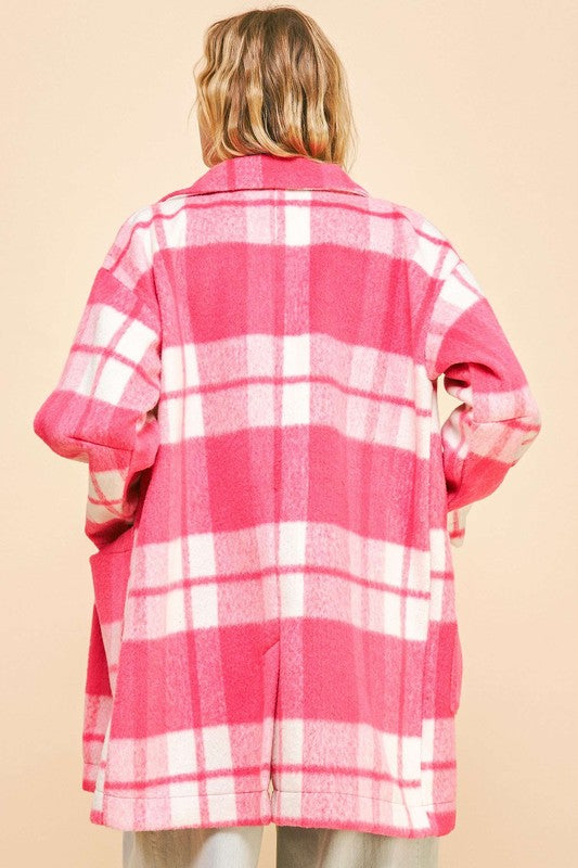 Hazel Blues® |  Davi & Dani Plaid Open Front Drop Shoulder Longline Coat