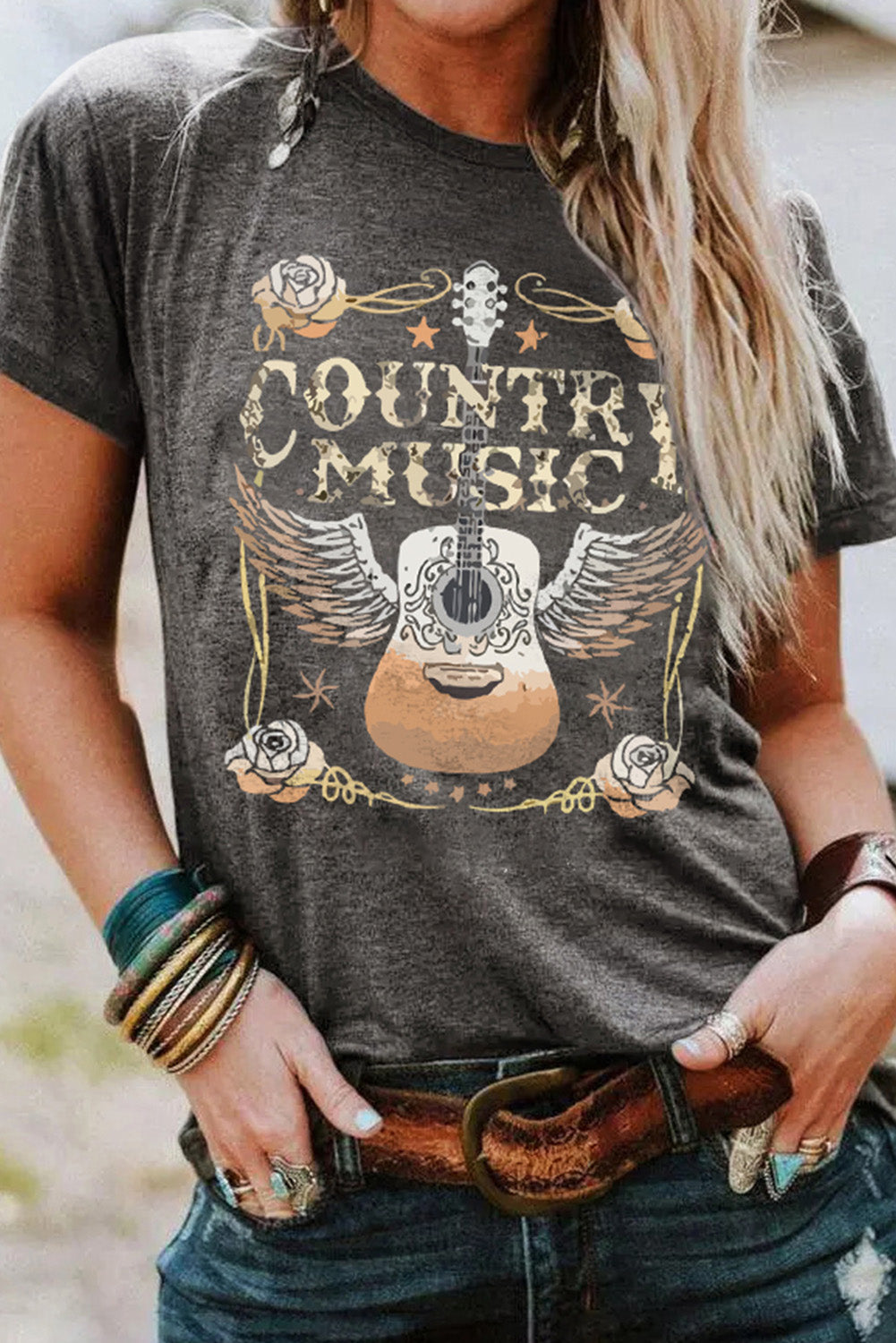 Hazel Blues® |  Gray COUNTRY MUSIC Guitar Graphic Print Crew Neck T Shirt