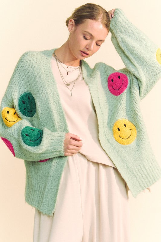 Hazel Blues® |  Davi & Dani Fuzzy Smile Open Front Long Sleeve Cardigan