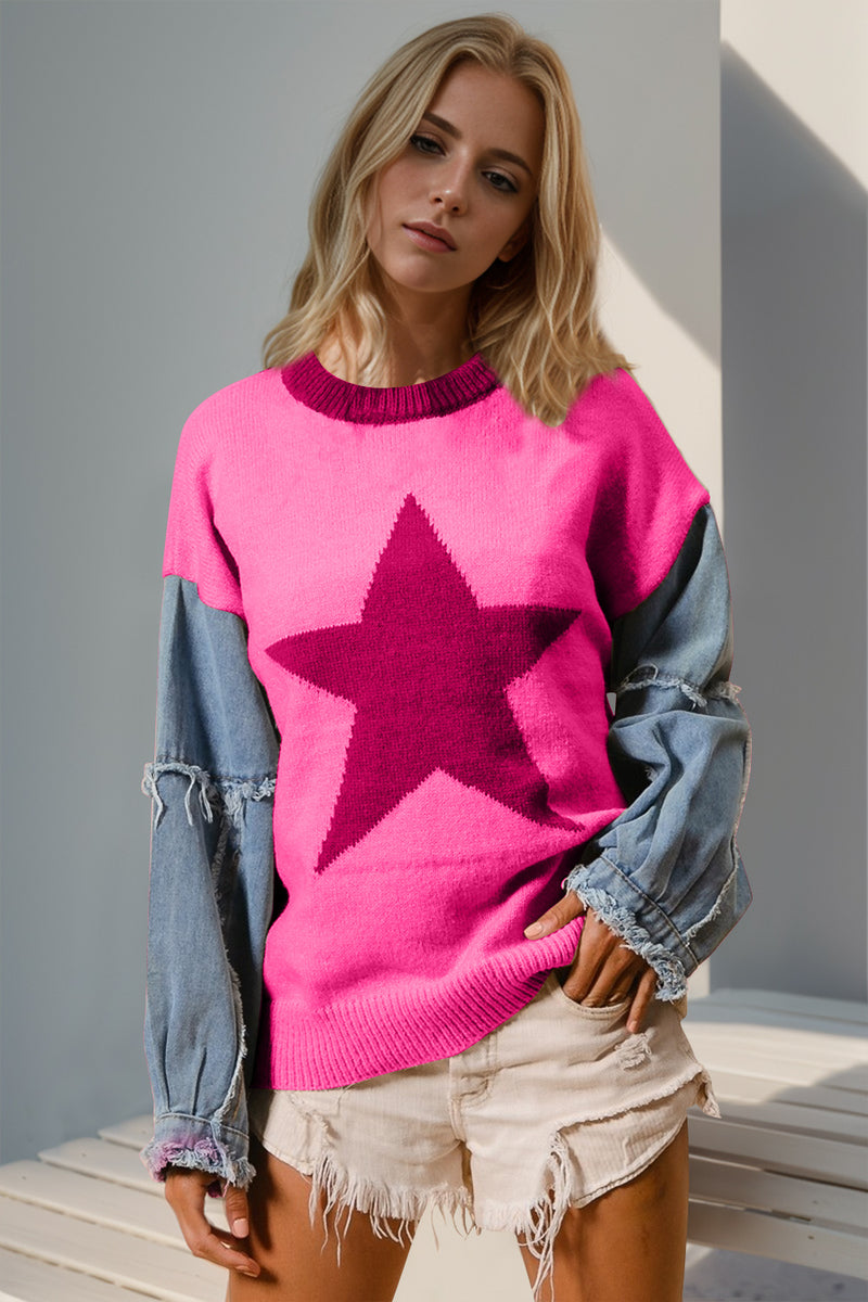 Hazel Blues® |  Double Take Star Pattern Raw Edge Long Sleeve Sweater