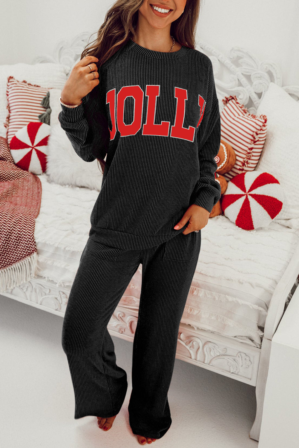 Corded Cheer Black JOLLY Christmas Pants Set