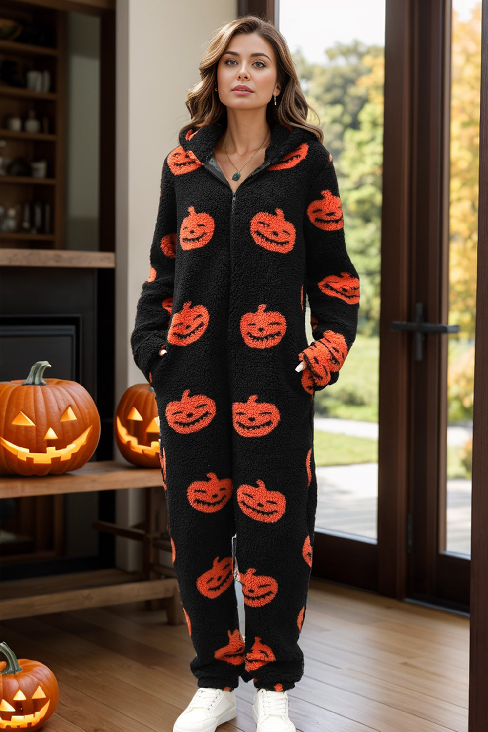 Hazel Blues® |  Fuzzy Pumpkin Half Zip Hooded Jumpsuit