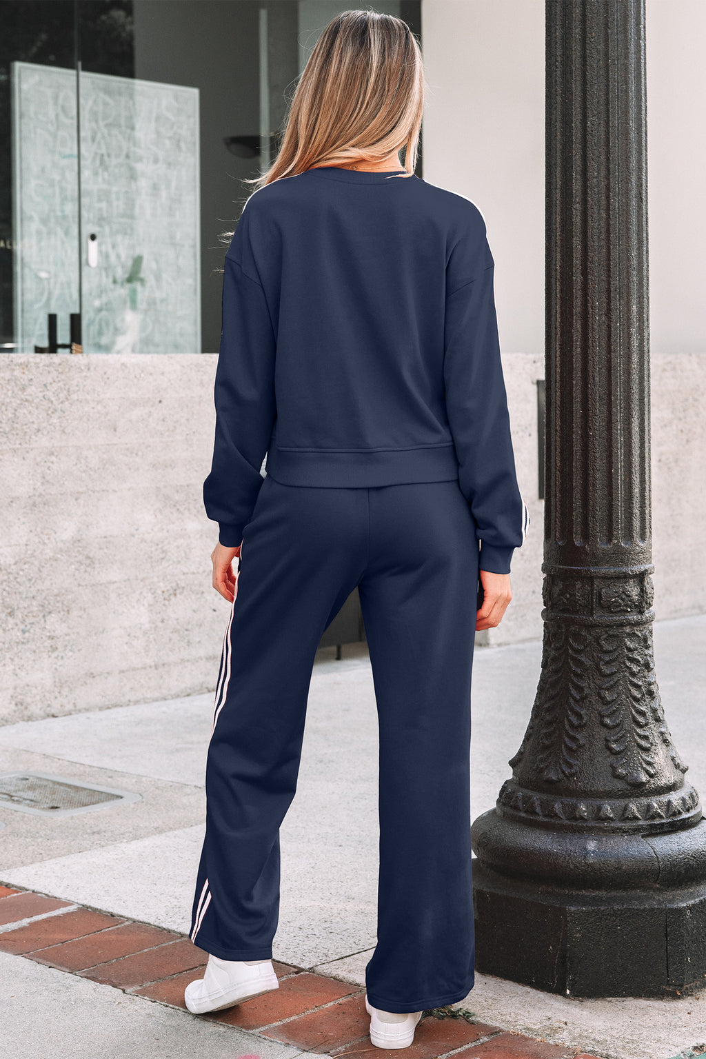 Dirty blue Varsity Striped Detail Crew-Neck Pullover Elastic Sweatpants Two-Piece Outfit