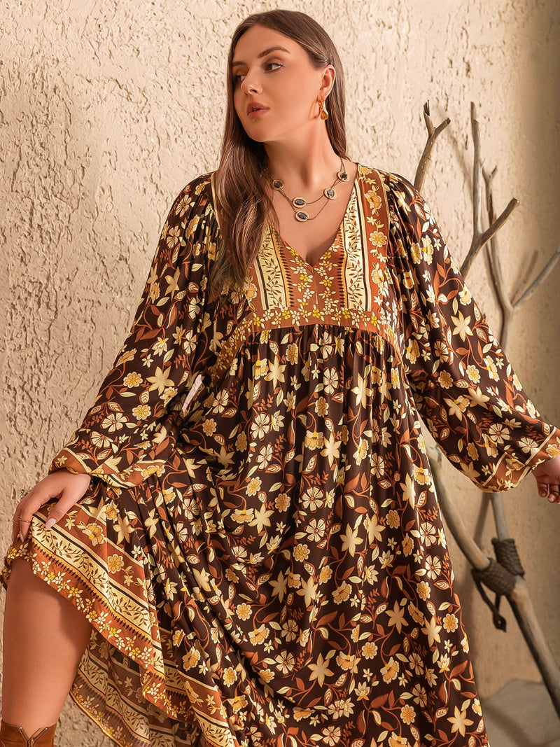 Hazel Blues® | Printed V-Neck Balloon Sleeve Dress