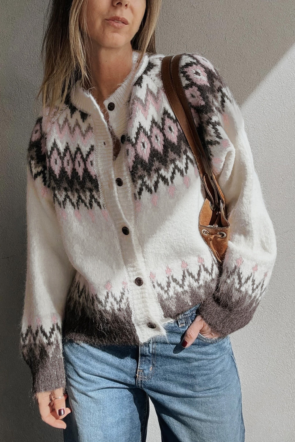 Blaire Lou White Geometric Pattern Brushed Knit Button Cardigan