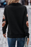 Hazel Blues® |  Black Sequin Football Patched Quarter Zip Textured Sweatshirt