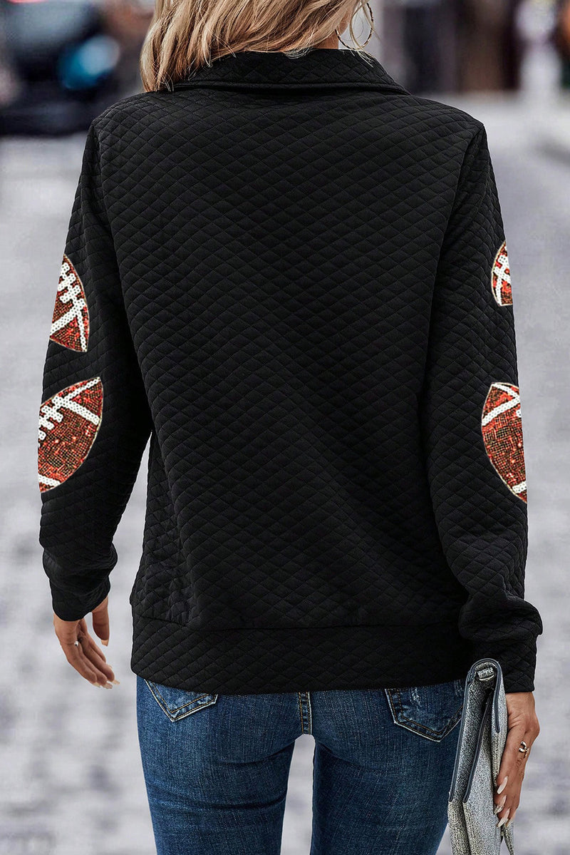 Hazel Blues® |  Black Sequin Football Patched Quarter Zip Textured Sweatshirt