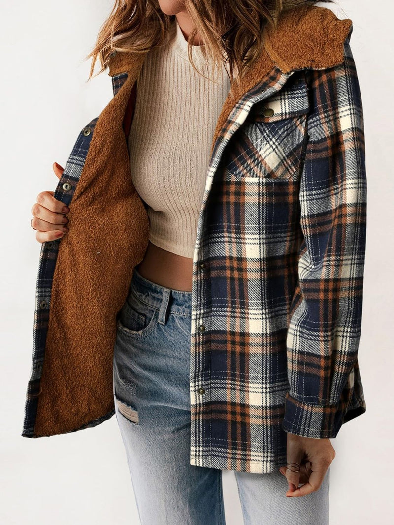 Hazel Blues® |  Plaid Snap Down Plush Hooded Jacket