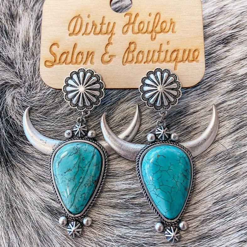 Hazel Blues® |  Artificial Turquoise Alloy Cow Head Earrings