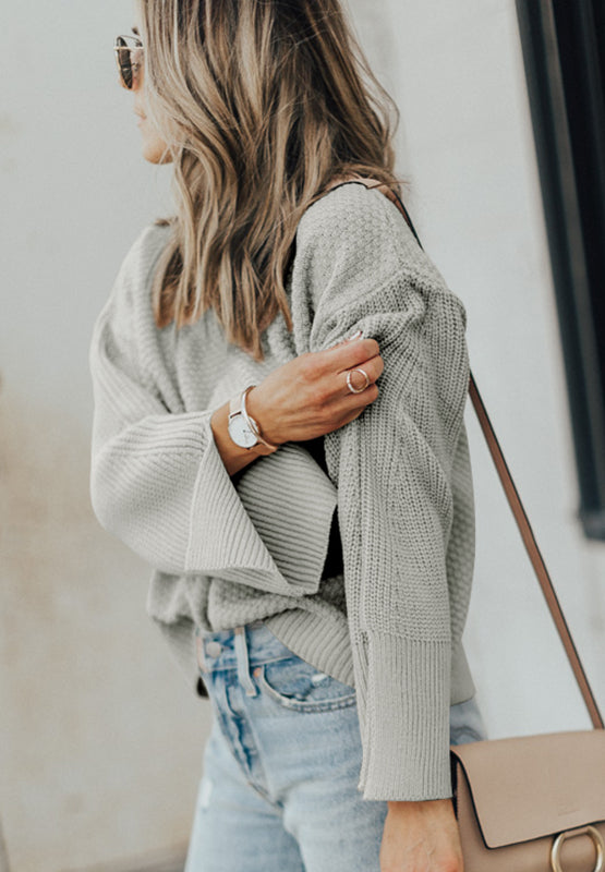 Slit Cuff Round Neck Long Sleeve Sweater