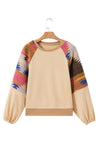 Hazel Blues® |  Light French Beige Aztec Patchwork Raglan Pullover Sweatshirt