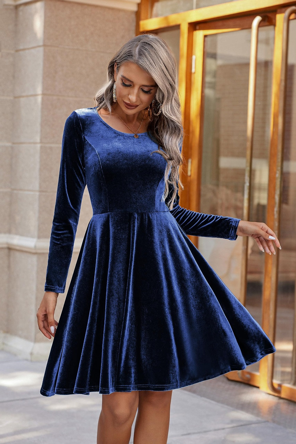 Hazel Blues® |  Round Neck Long Sleeve Knee Length Dress