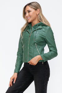 Hazel Blues® |  Snobbish Faux Leather Zip Up Drawstring Hooded Jacket