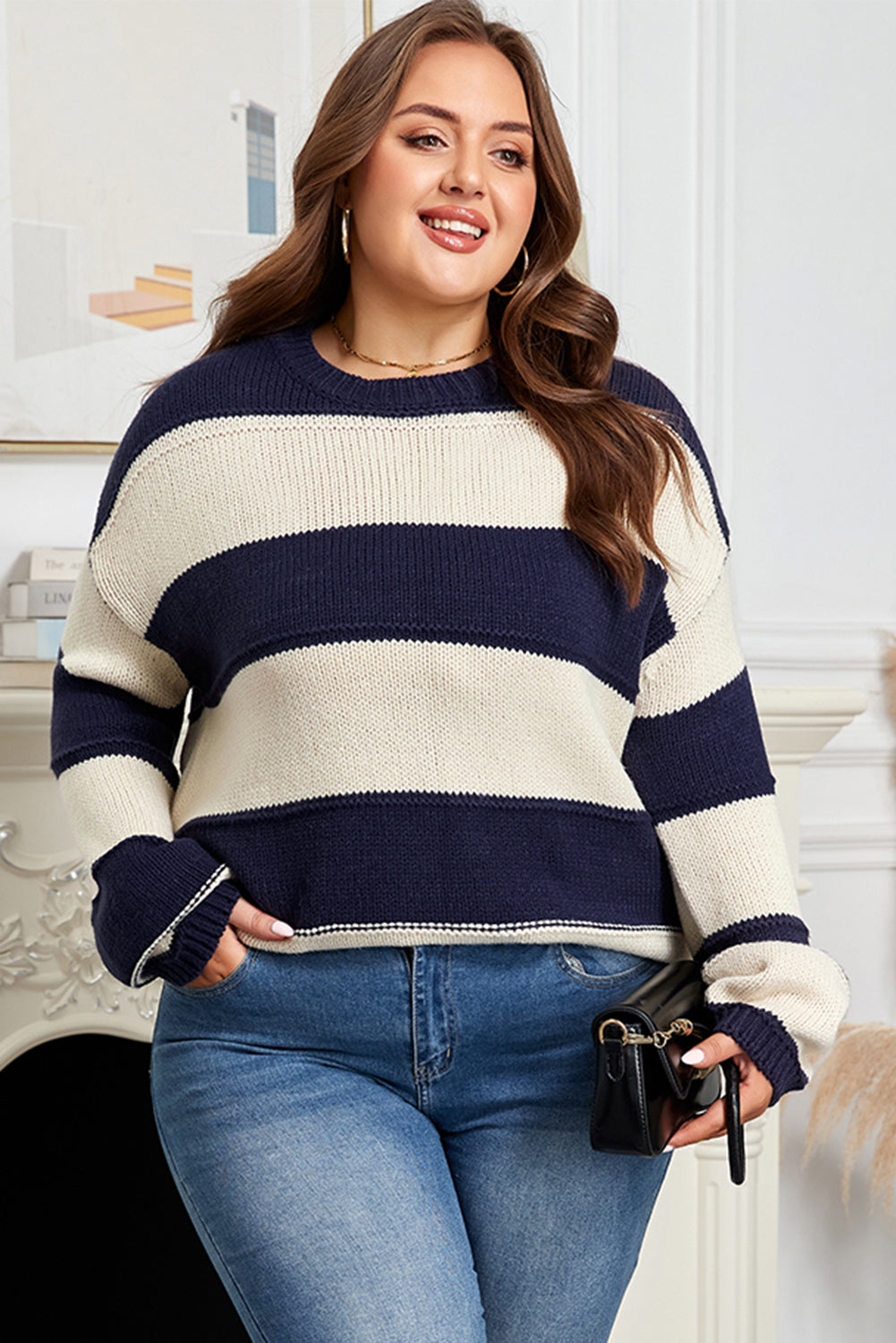 Hazel Blues® |  Blue Stripe Color Block PLus Size Drop Shoulder Sweater