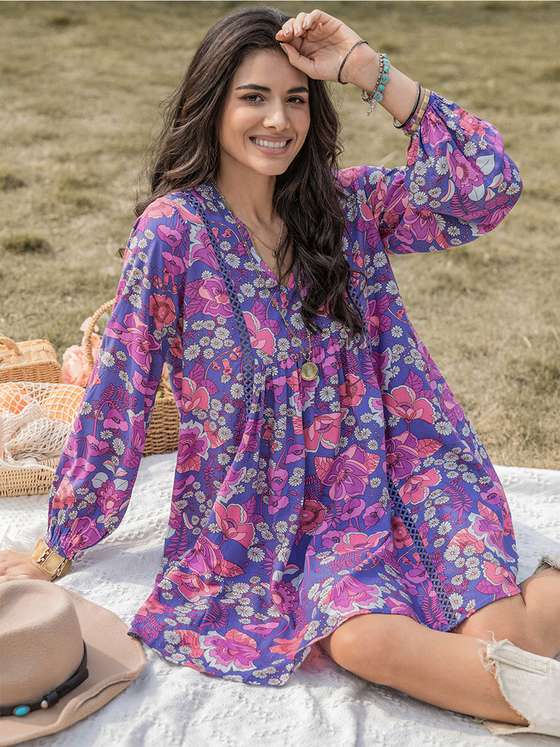 Hazel Blues® |  Floral Ruched V-Neck Long Sleeve Dress