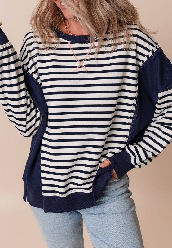 Hazel Blues® |  Exposed Seam Striped Long Sleeve Sweatshirt