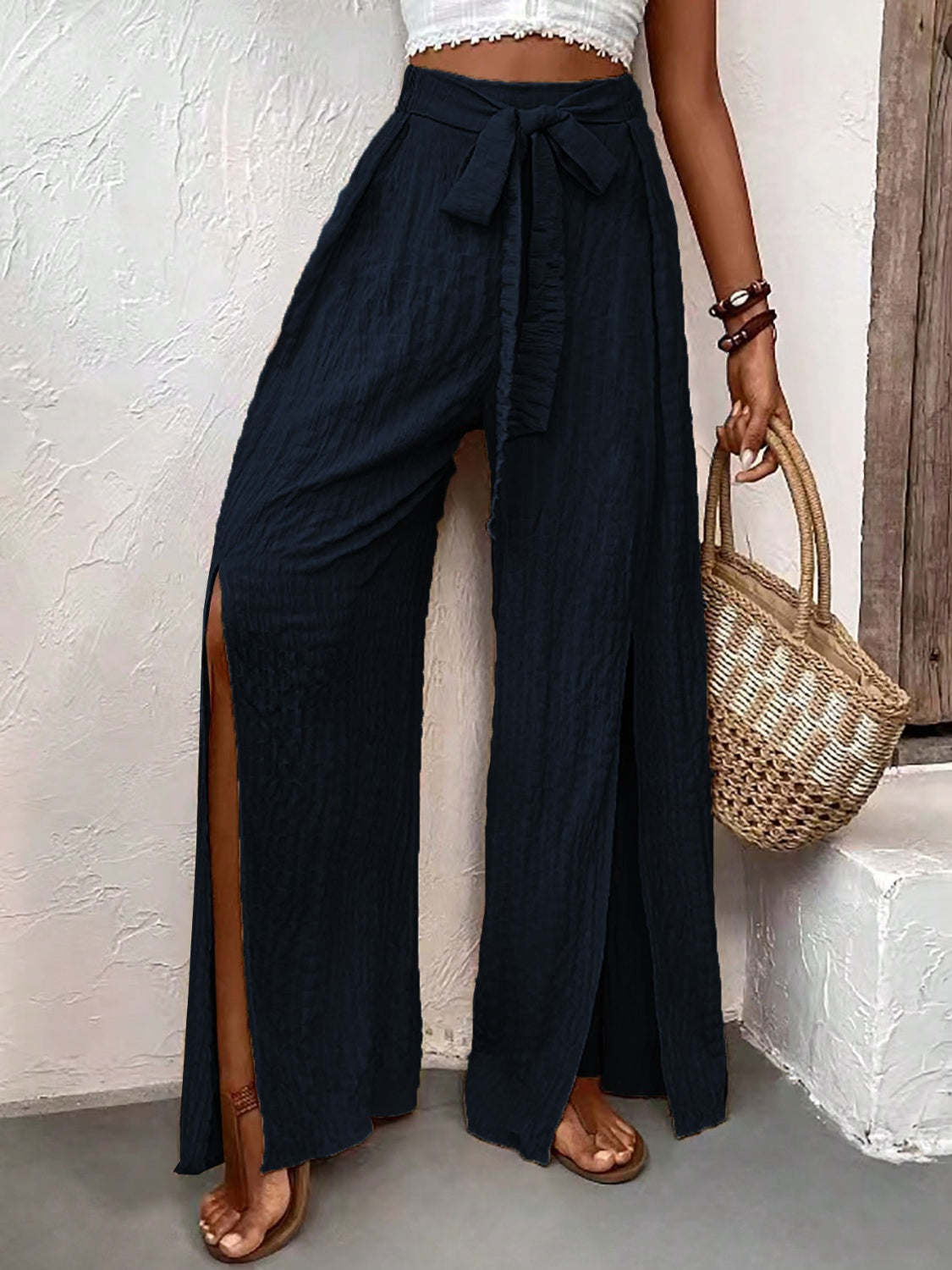 Hazel Blues® |  Tied Slit Wide Leg Pants