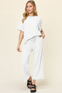 Hazel Blues® |  Double Take Texture Round Neck Short Sleeve T-Shirt and Wide Leg Pants