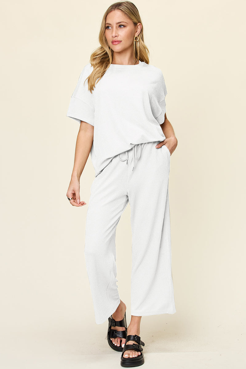 Hazel Blues® |  Double Take Texture Round Neck Short Sleeve T-Shirt and Wide Leg Pants