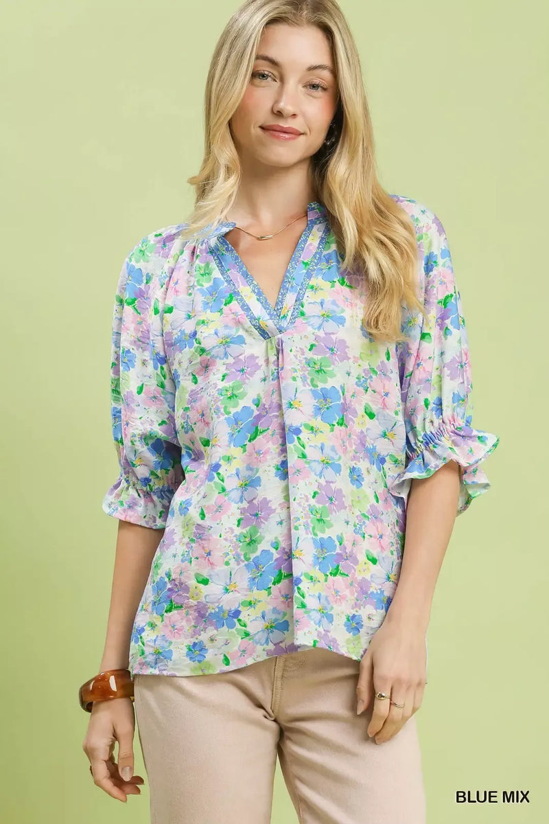 Hazel Blues® | Umgee Mix Floral Print Ruffle Top