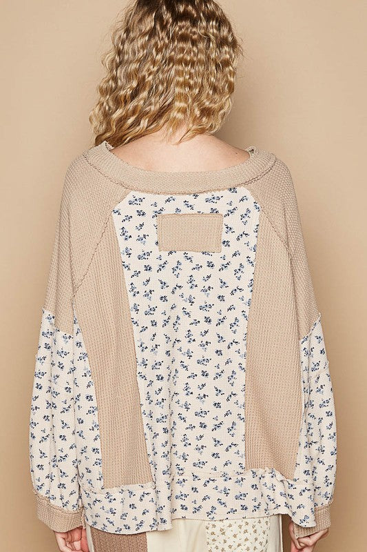 Hazel Blues® |  POL Waffle Knit Floral Notched Long Sleeve Top