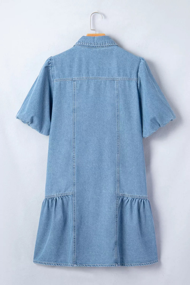 Button Down Short Puff Sleeve Ruffle Hem Denim Dress – Hazel Blues®