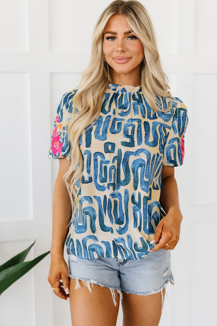 Hazel Blues® |  Embroidered Printed Mock Neck Short Sleeve Blouse