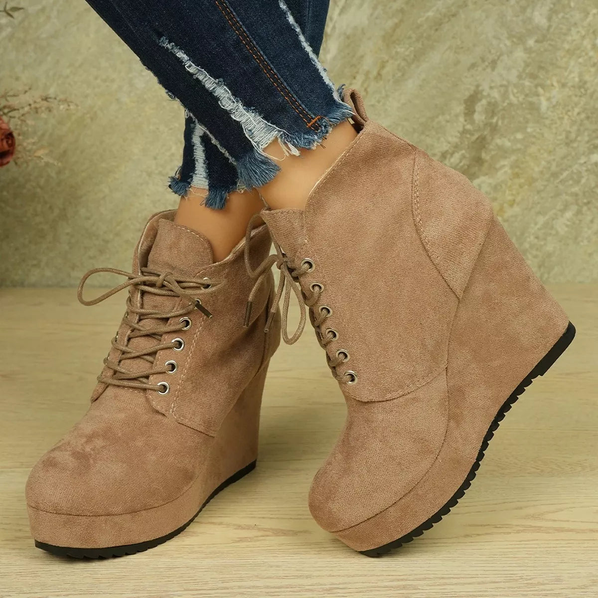 Lace-Up Wedge Ankle Boots