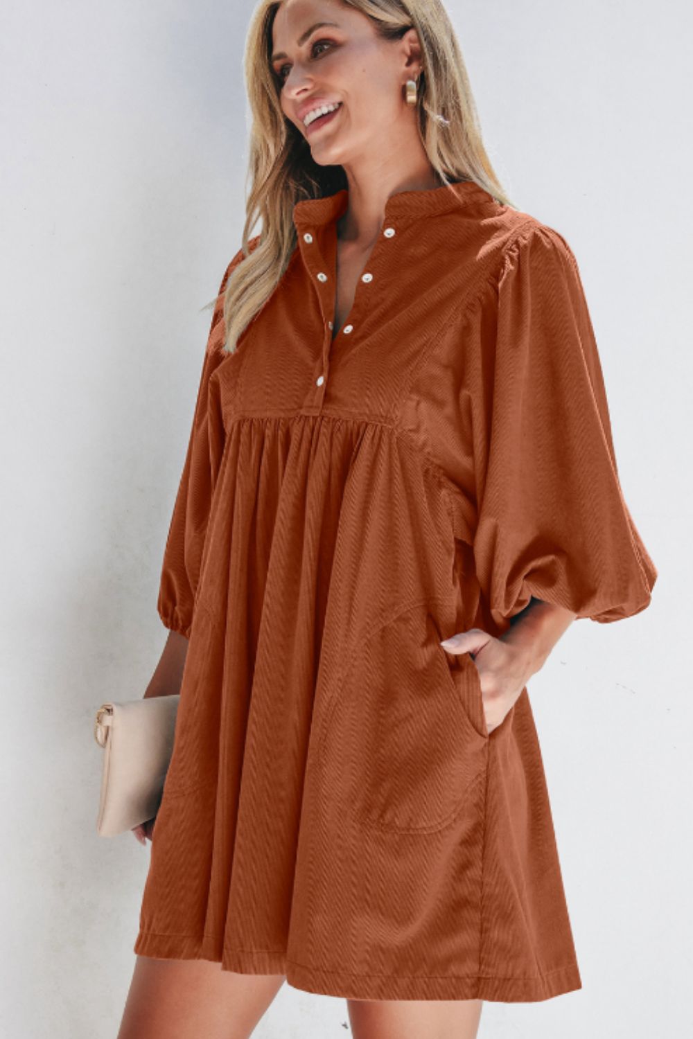 Hazel Blues® |  Corduroy Quarter Snap Three-Quarter Sleeve Dress