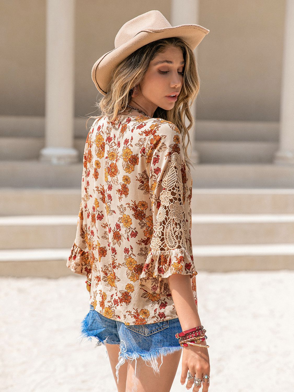 Hazel Blues® |  Floral V-Neck Spliced Lace Blouse