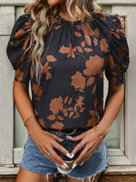 Hazel Blues® |  Frill Printed Round Neck Puff Sleeve Blouse