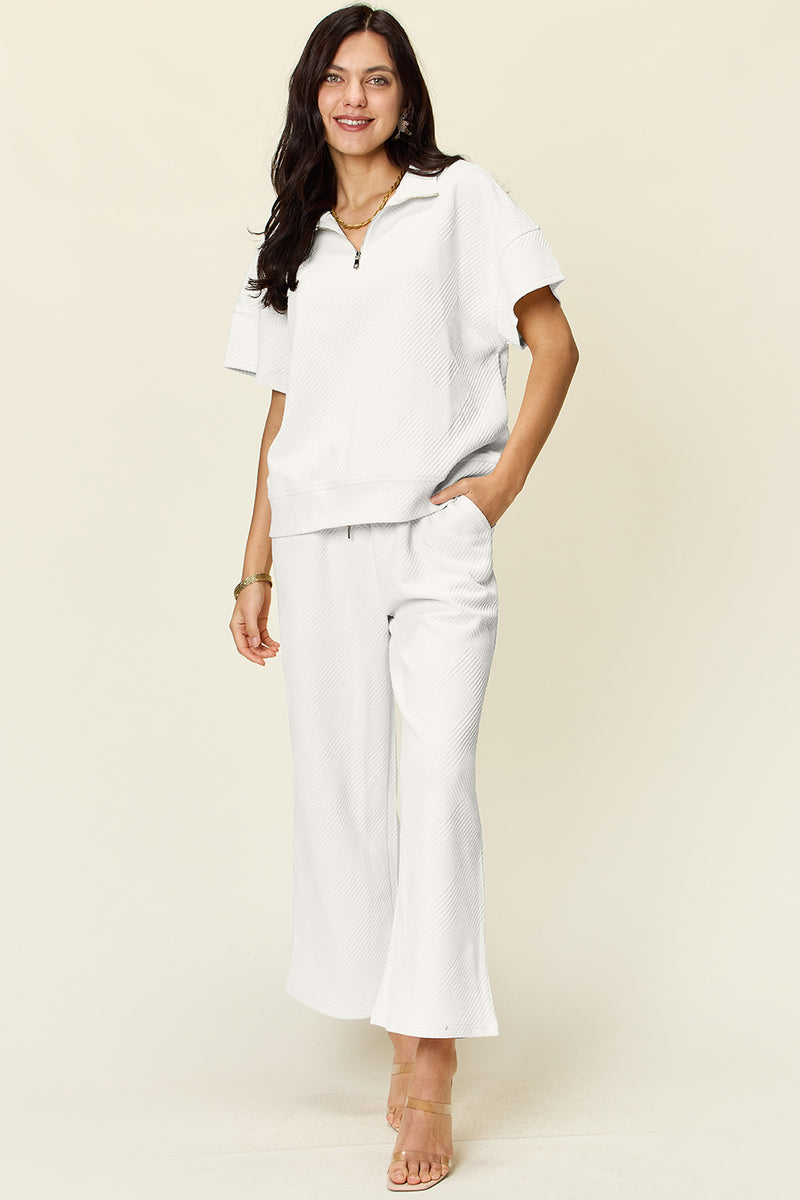 Hazel Blues® |  Double Take Texture Half Zip Short Sleeve Top and Pants Set