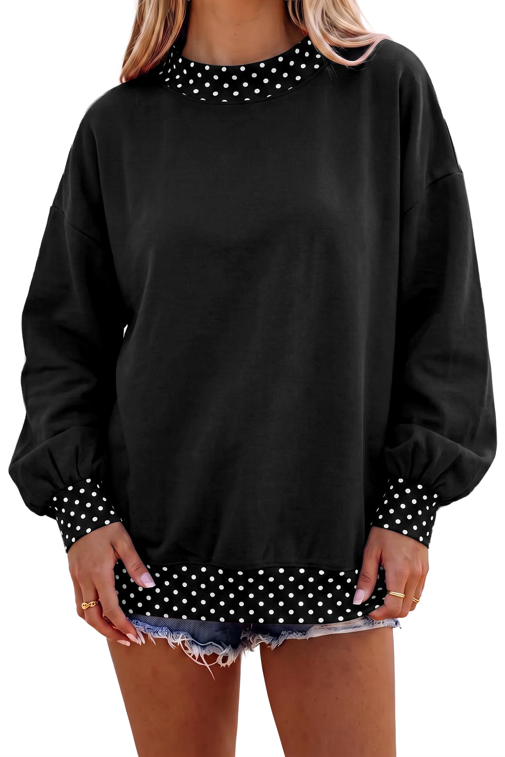 Black Polka-Dot Contrast-Trim Sweatshirt
