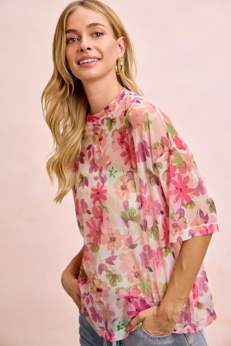Hazel Blues® | BiBi Floral Print Short Sleeves Boxy Mesh Top