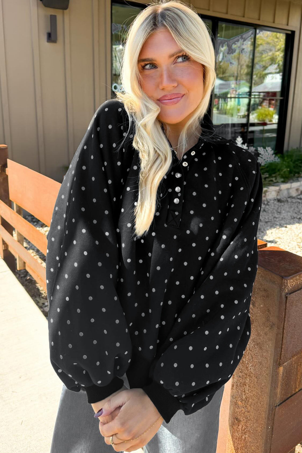Hadley Skye Black Polka Dot Print Metal Button Collar Casual Pullover Sweatshirt