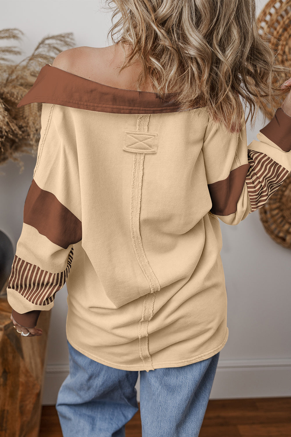Ruby Paige Light French Beige Striped Color-Block Patchwork Collar Sweatshirt
