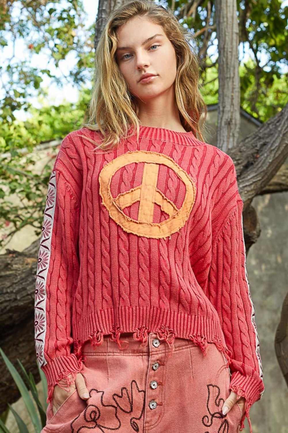 Hazel Blues® |  POL Washed Peace Patch Cable Knit Sweater