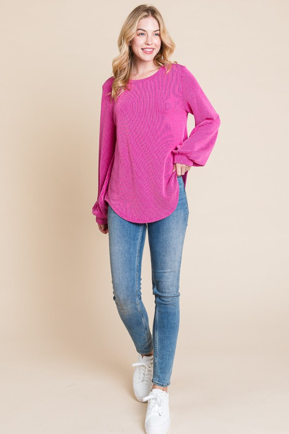 Hazel Blues® |  BOMBOM Long Sleeve Curved Hem Ribbed T-Shirt