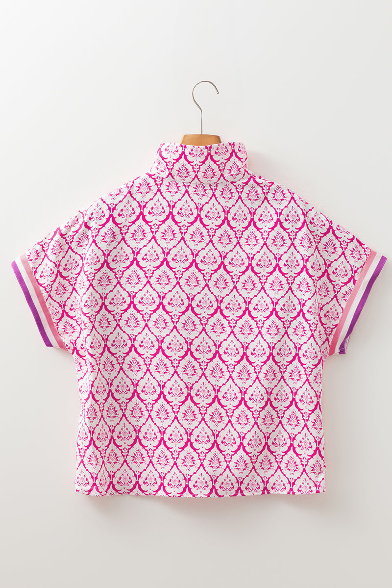 Hazel Blues® |  Pink Western Print Zipped Collar Short Sleeve Summer Blouse Top