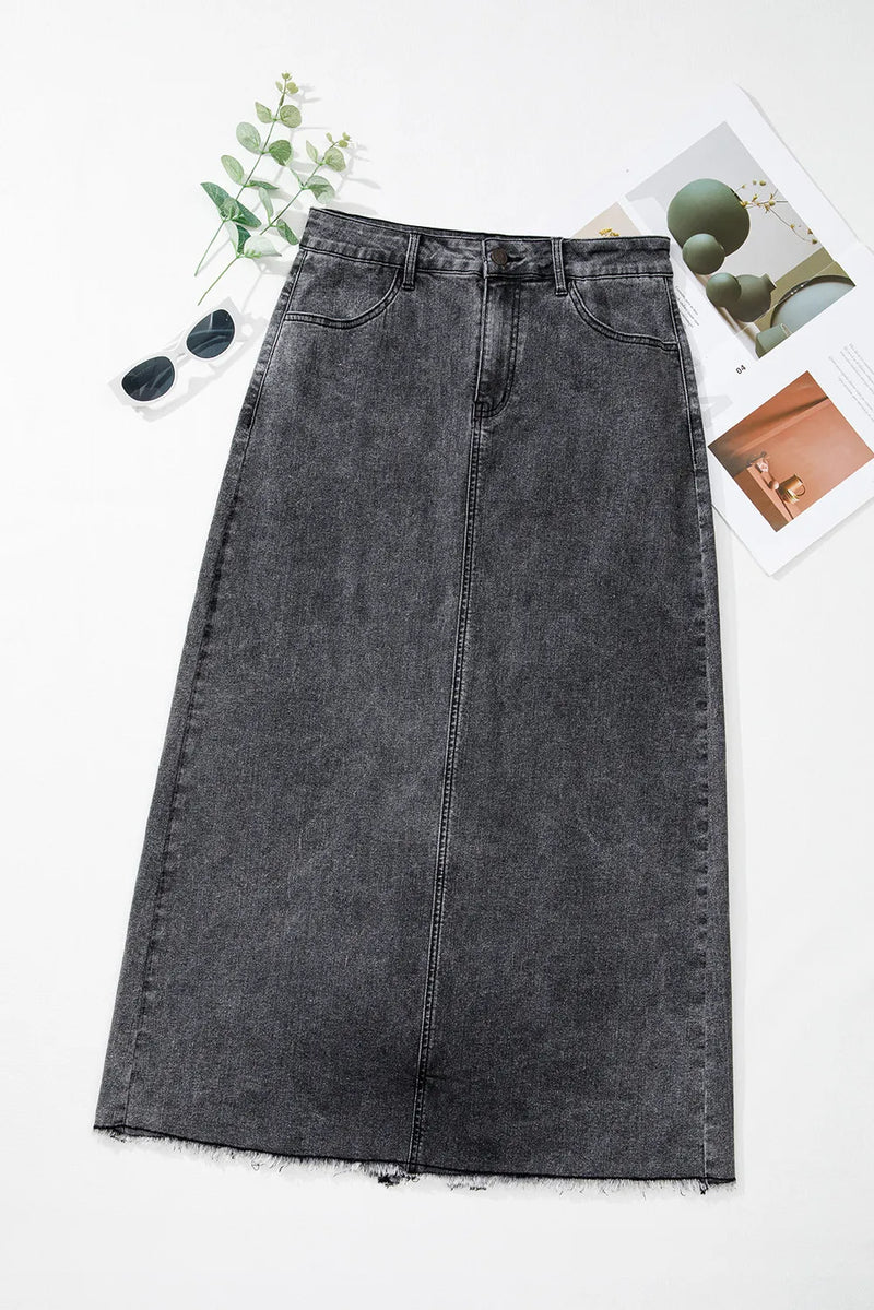 Hazel Blues® |  Raw Hem Midi Denim Skirt with Pockets