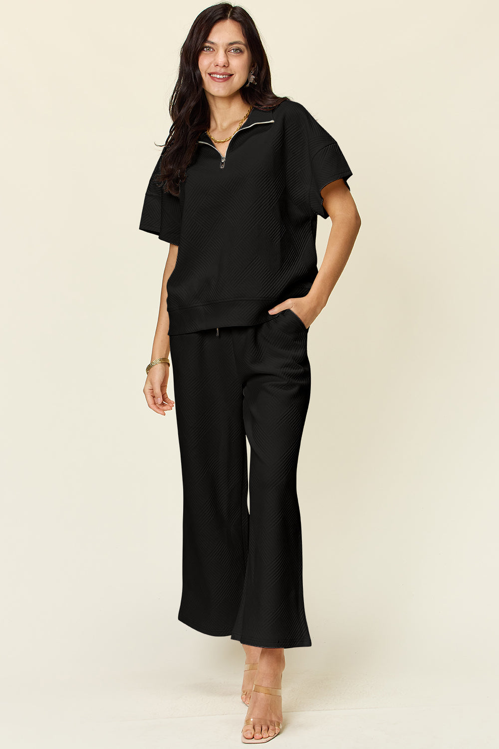 Hazel Blues® |  Double Take Texture Half Zip Short Sleeve Top and Pants Set